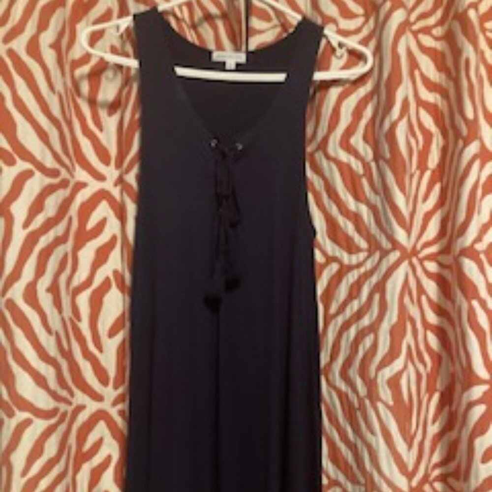 Tank Dress in Nautical Navy Blue, Loose Swingy, Cotton, Tassel front, cool comfy